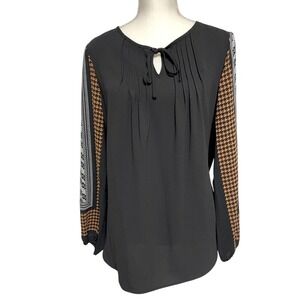 Alfani Black/Brown Tie Front Long Sleeve Blouse Womens Small
